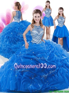 Fashionable Four Piece Royal Blue High-neck Neckline Beading and Pick Ups Quinceanera Dresses Sleeveless Zipper