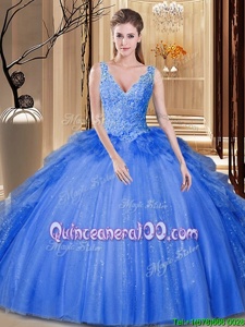 Flirting Royal Blue Ball Gowns Sequins and Pick Ups 15 Quinceanera Dress Backless Tulle Sleeveless Floor Length