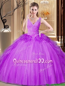 Elegant Sequins Floor Length Ball Gowns Sleeveless Purple Quinceanera Dresses Backless