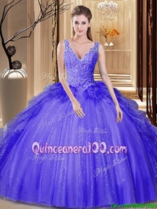 Floor Length Backless Vestidos de Quinceanera Lavender and In forMilitary Ball and Sweet 16 and Quinceanera withAppliques and Ruffles and Sequins