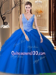 Blue Tulle Backless Quinceanera Dress Sleeveless Floor Length Lace and Pick Ups