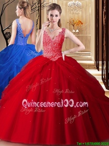 Fitting Red Backless V-neck Lace and Appliques and Pick Ups 15th Birthday Dress Tulle Sleeveless