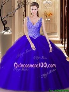 Hot Sale Backless Royal Blue and Navy Blue Sleeveless Lace and Appliques and Pick Ups Floor Length Quinceanera Dresses
