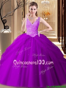 Fantastic Purple Sleeveless Floor Length Appliques and Pick Ups Backless 15th Birthday Dress