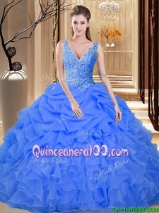 Pick Ups Ball Gowns Quince Ball Gowns Blue V-neck Organza Sleeveless Floor Length Backless