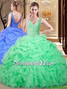 High Class Apple Green V-neck Backless Lace and Appliques and Pick Ups Sweet 16 Dresses Sleeveless