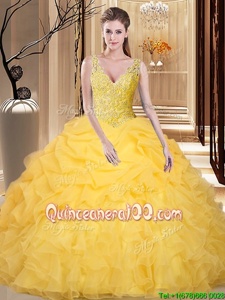 Sleeveless Organza Floor Length Backless Quince Ball Gowns inGold forSpring and Summer and Fall and Winter withLace and Appliques and Ruffles and Pick Ups