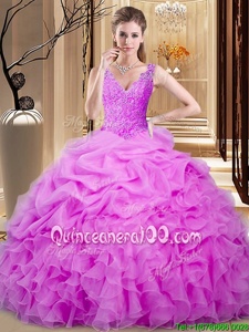 High Quality Lilac Sleeveless Floor Length Lace and Ruffles and Pick Ups Backless Ball Gown Prom Dress