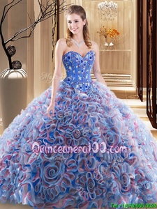 Graceful Sweetheart Sleeveless Fabric With Rolling Flowers Quince Ball Gowns Embroidery and Ruffles Brush Train Lace Up