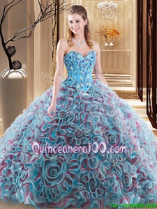 Charming Sweetheart Sleeveless Quinceanera Gowns With Brush Train Embroidery and Ruffles Multi-color Fabric With Rolling Flowers