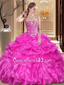 Spectacular Fuchsia Sleeveless Organza Lace Up 15th Birthday Dress forMilitary Ball and Sweet 16 and Quinceanera