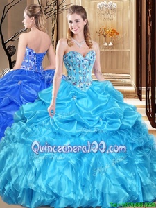 Fashion Floor Length Aqua Blue Quinceanera Gowns Organza Sleeveless Spring and Summer and Fall and Winter Lace and Appliques