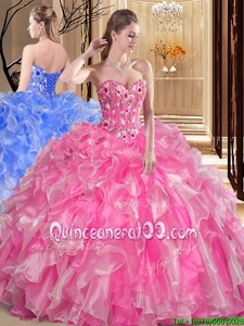 Gorgeous Ball Gowns Sweet 16 Dresses Rose Pink Sweetheart Organza Sleeveless Floor Length Lace Up