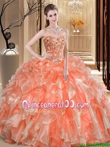 Low Price Orange Lace Up Quince Ball Gowns Beading and Ruffles Sleeveless Floor Length