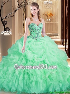 Sophisticated Apple Green Organza Lace Up Sweetheart Sleeveless Ball Gown Prom Dress Brush Train Embroidery and Ruffles