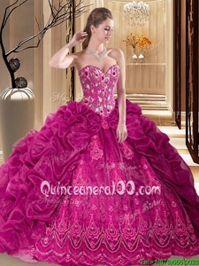Sexy Fuchsia Ball Gowns Organza Sweetheart Sleeveless Embroidery and Pick Ups Lace Up Sweet 16 Quinceanera Dress Court Train
