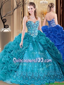 Popular Teal Lace Up Sweetheart Embroidery and Pick Ups Sweet 16 Dresses Organza Sleeveless