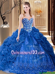 Glorious Sleeveless Organza Court Train Lace Up 15th Birthday Dress inRoyal Blue forSpring and Summer and Fall and Winter withEmbroidery and Pick Ups