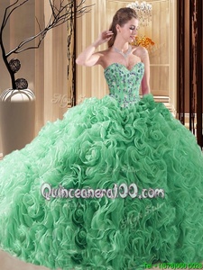Fantastic Spring Green Sleeveless Fabric With Rolling Flowers Court Train Lace Up 15th Birthday Dress forProm and Military Ball and Sweet 16 and Quinceanera