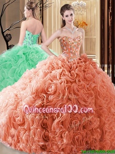 Popular Sweetheart Sleeveless Fabric With Rolling Flowers Ball Gown Prom Dress Embroidery and Ruffles Lace Up