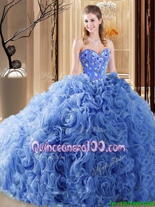 Stylish Blue Ball Gowns Organza and Fabric With Rolling Flowers Sweetheart Sleeveless Embroidery and Ruffles Lace Up Quince Ball Gowns Court Train