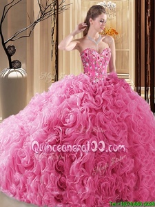 Fashionable Rose Pink Sweetheart Neckline Embroidery and Ruffles and Pick Ups Quinceanera Dresses Sleeveless Lace Up