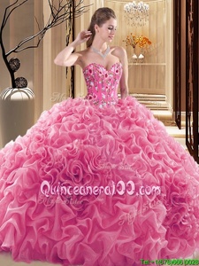 Trendy Rose Pink Sweetheart Lace Up Embroidery and Ruffles and Pick Ups Vestidos de Quinceanera Sleeveless