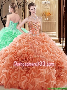 Discount Floor Length Orange Sweet 16 Quinceanera Dress Fabric With Rolling Flowers Sleeveless Spring and Summer and Fall and Winter Embroidery and Ruffles and Pick Ups