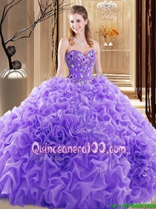 Hot Sale Spring and Summer and Fall and Winter Fabric With Rolling Flowers Sleeveless Quinceanera Dresses Court Train andEmbroidery and Ruffles and Pick Ups