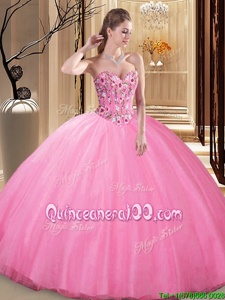 Glittering Floor Length Rose Pink Quinceanera Dresses Tulle Sleeveless Spring and Summer and Fall and Winter Embroidery