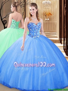 Artistic Floor Length Blue Sweet 16 Dress Tulle Sleeveless Spring and Summer and Fall and Winter Embroidery