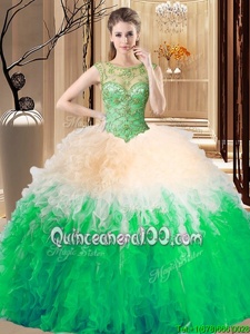 Charming Spring Green Tulle Backless Sweet 16 Quinceanera Dress Sleeveless Floor Length Beading and Ruffles