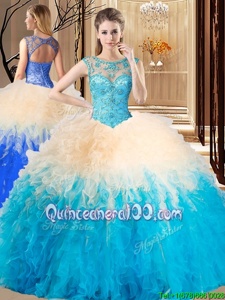 Extravagant Backless Aqua Blue Sleeveless Beading and Ruffles Floor Length Ball Gown Prom Dress