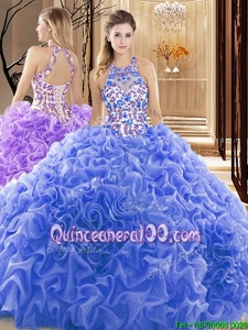 Customized Blue Backless Sweet 16 Dress Embroidery and Ruffles Sleeveless Court Train