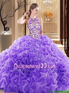 Comfortable Lavender Backless High-neck Embroidery and Ruffles Quinceanera Dress Organza Sleeveless Brush Train