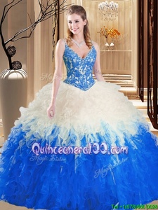 Artistic Multi-color Tulle Lace Up Straps Sleeveless Floor Length 15th Birthday Dress Lace and Ruffles