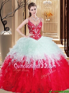 Fantastic Organza Straps Sleeveless Lace Up Appliques and Ruffles Quinceanera Gown inMulti-color