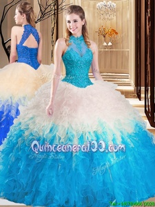 Most Popular Backless Multi-color Sleeveless Lace and Appliques and Ruffles Floor Length Sweet 16 Dress