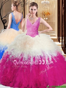 Hot Sale Sleeveless Tulle Floor Length Zipper Sweet 16 Dresses inMulti-color forSpring and Summer and Fall and Winter withLace and Appliques and Ruffles