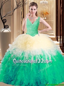 Dazzling Sleeveless Floor Length Lace and Appliques and Ruffles Zipper 15th Birthday Dress with Multi-color