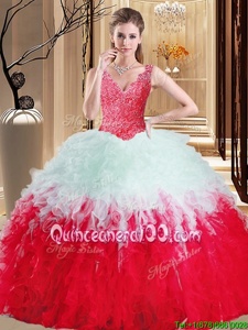 White And Red V-neck Neckline Lace and Appliques and Ruffles Sweet 16 Quinceanera Dress Sleeveless Zipper