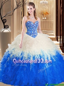Modest Sleeveless Floor Length Embroidery and Ruffles Lace Up Quinceanera Gowns with Multi-color