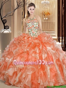 Stylish Orange Organza Backless Scoop Sleeveless Floor Length 15 Quinceanera Dress Embroidery and Ruffles
