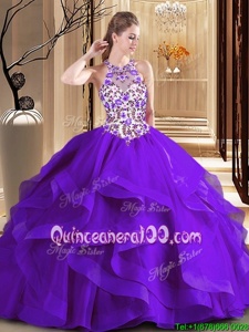 Decent Scoop Purple Tulle Lace Up Sweet 16 Quinceanera Dress Sleeveless Brush Train Embroidery