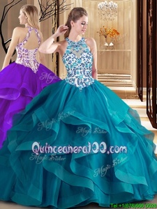 Best Scoop Ball Gowns Sleeveless Teal Quince Ball Gowns Brush Train Lace Up