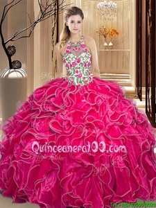 Elegant Floor Length Hot Pink Quince Ball Gowns Scoop Sleeveless Backless