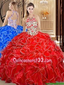 Stunning Coral Red Ball Gowns Organza Scoop Sleeveless Embroidery and Ruffles Floor Length Backless 15 Quinceanera Dress