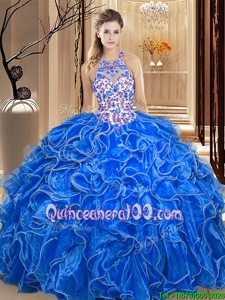 Vintage Scoop Sleeveless Organza Quince Ball Gowns Embroidery and Ruffles Backless