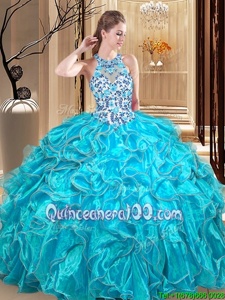 Superior Scoop Sleeveless Organza Floor Length Backless Quinceanera Dresses inAqua Blue forSpring and Summer and Fall and Winter withEmbroidery and Ruffles