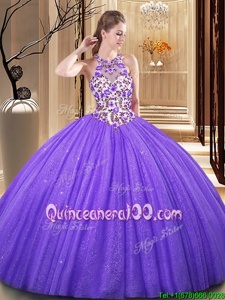 Captivating Scoop Sequins Lavender Sleeveless Tulle Backless Quinceanera Gowns forMilitary Ball and Sweet 16 and Quinceanera